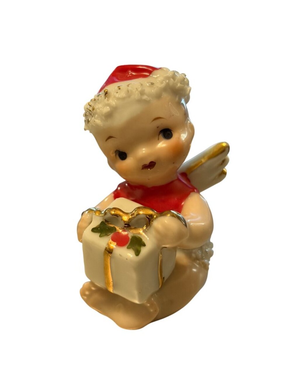 Vtg‎ 1950s Lefton Christmas Baby Angel Figurine Spaghetti Trim Santa Hat Gift MC